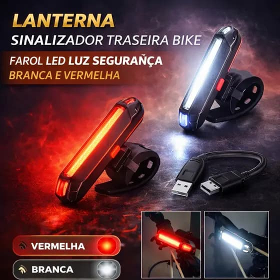 Lanterna Sinalizador Traseira Bike Farol Led Luz Segurança Branca E Vermelha