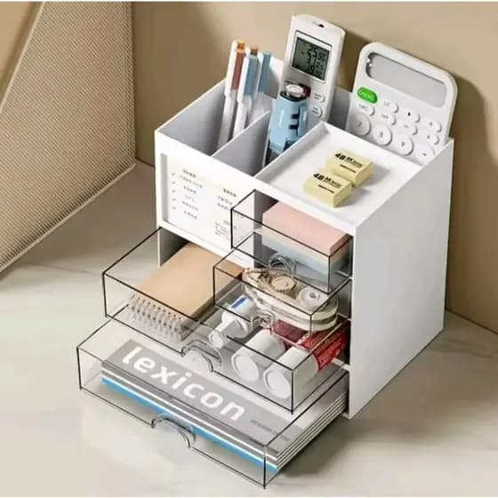 Organizador de Mesa Branco com Gavetas Acrílicas e Divisórias Superiores – Ideal para Escritório e Home Office