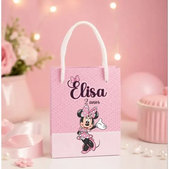 Sacolinha surpresa PEGUE E MONTE minnie rosa personalizada, mini sacolinha