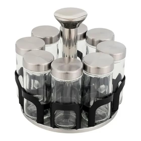 Porta Tempero Giratório com 8 Potes de Vidro Tampa Inox