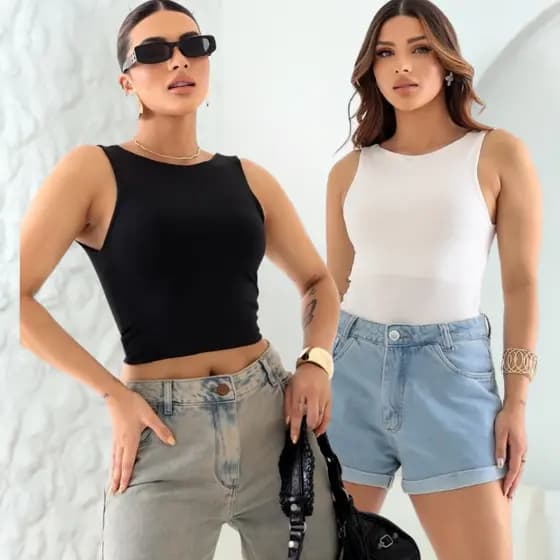 Kit 2 Cropped Feminino Blusa Regata Com Alça Costa Nua Decote Redondo Suplex Forro Duplo Verão Casual