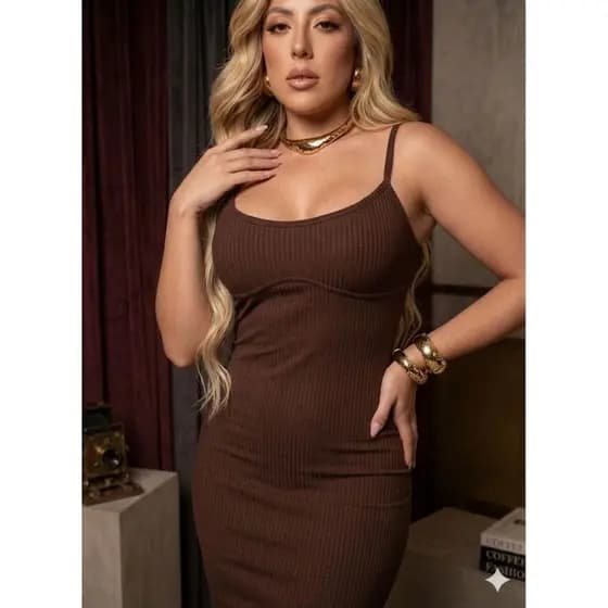 Vestido Feminino Midi Tubinho Alça Fina Tendência Bloqueira Conforto Versatil
