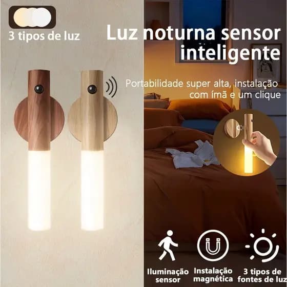 Kit 2 Luminaria Luz Led Recarregável Sensor de Movimento Arandela de Madeira Minimalist Mesa Parede Magnética