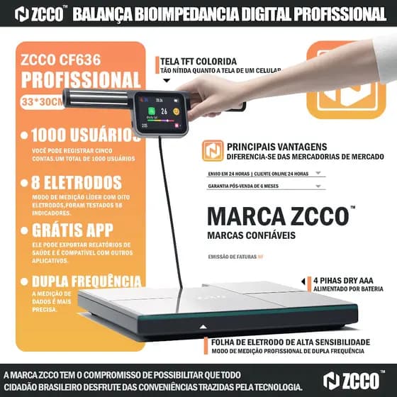 ZCCO CF636 Balança Gordura Corporal 8 Eletrodos 56 Dados Corporais p/ Gestão Saúde Familiar App Sincronia Precisão Alemã