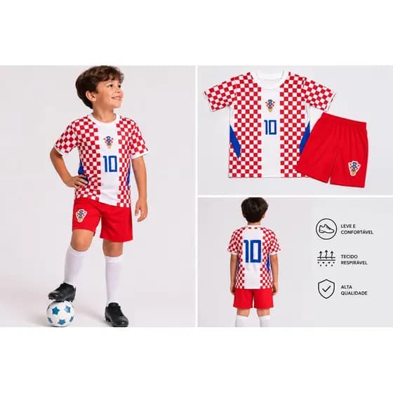 Conjunto Infantil Futebol Quadriculado Vermelho Branco Nº 10 | Camisa + Shorts | Tecido Leve