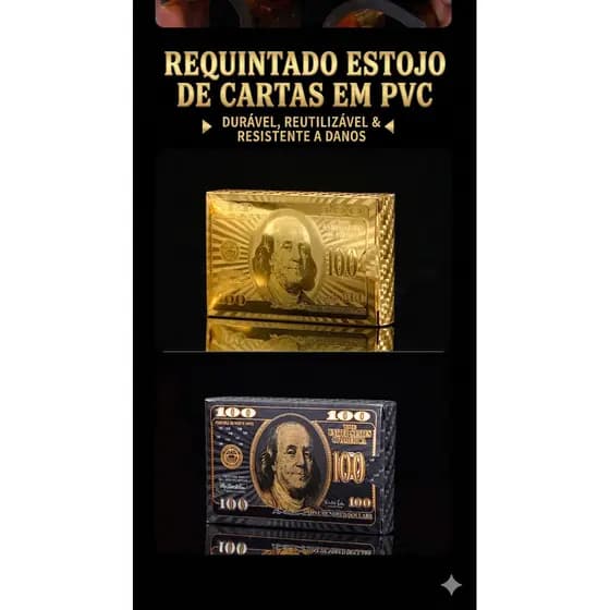 Baralho De Cartas Plástico À Prova D'água Luxo Dólar - Ouro/Preto/Rosé Poker Premium Pronta Entrega