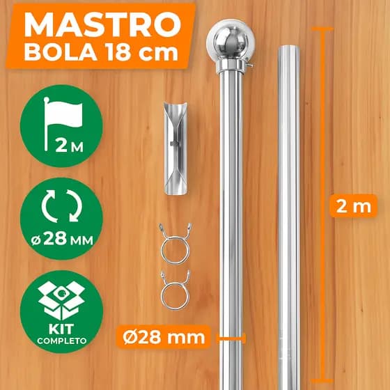 Mastro de Alumínio de Ø28mm com 2metros para Bandeira e ponteira Bola + Presilhas