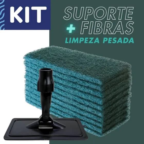 Kit Limpeza Pesada Suporte LT + Fibras Esponja Verde Abrasiva Tira Argamassa Ferrugem Sujeira Grossa
