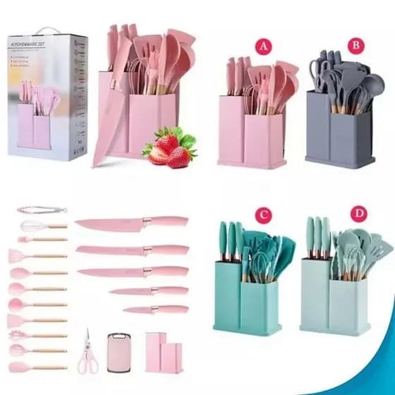 Jogo de Cozinha Premium Com Suporte Para Facas em Inox Preto 18 Peças Cores aleatórias.