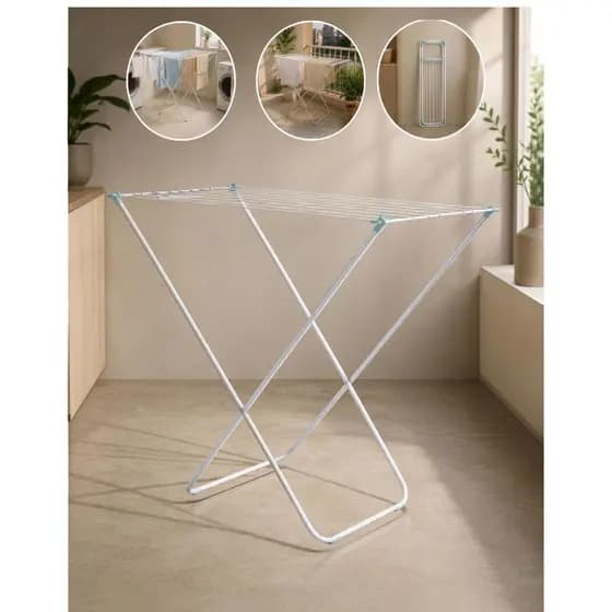 Varal de Chão Dobrável em X Para Roupas Aço Resistente Apartamento Compacto Multiuso Cama Mesa Banho