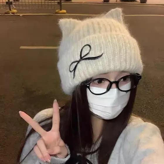 Gorro para Mulheres Orelhas de Gato Fofas Outono Inverno Novo Gorro Tricotado Inverno Quente Laço Facial Emagrecimento G