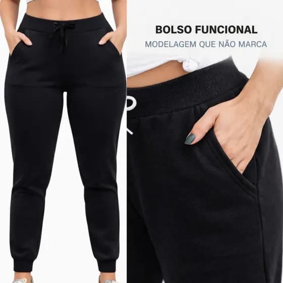 Calça Feminina Lisa Em Moletom De Algodão Com Felpa Inverno Pronta Entrega