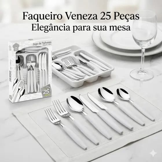 Faqueiro 25 Peças Com Porta Talher | Inox Resistente | Serve 6 Pessoas