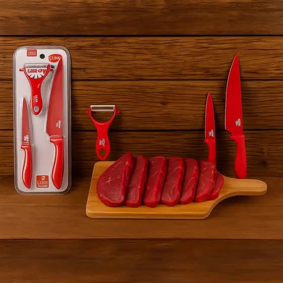 Conjunto de Cozinha 3 Peças – 2 Facas Afiadas Inox + Descascador Legumes e Frutas