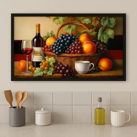 Quadro Parede Sala ou Cozinha – Cesta de Frutas com Taça de Vinho