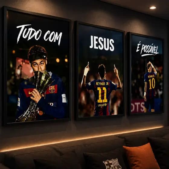Kit 3 Quadros Neymar Barcelona Jesus Futebol Decorativo