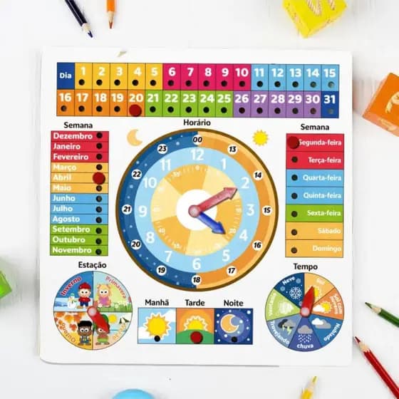 Tabuleiro De Atividades Relógio Educativo Calendário Estações Clima Infantil Madeira Brinquedo