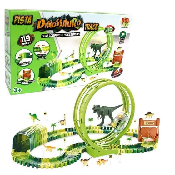 Pista Dinossauro Track Looping Carrinho com Luz 119 Peças Brinquedo Infantil Radical 7 Mini Dinos