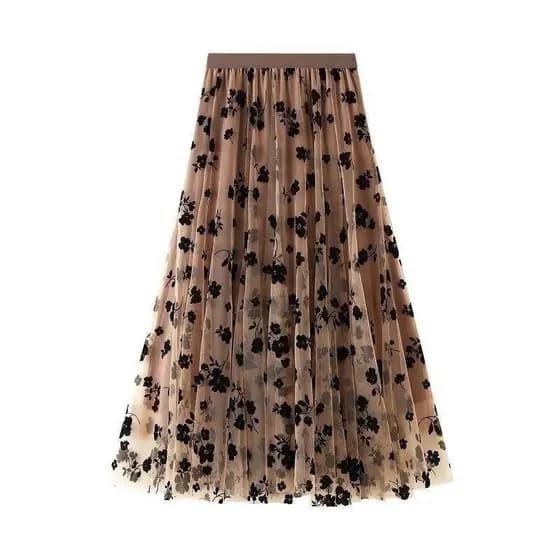 Saia Midi de Malha Transparente com Estampa Floral para Festa de Primavera Verão, Cintura Alta, Comprimento Médio
