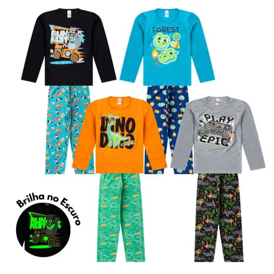 Kit 2 Conjuntos Pijama Longo Algodão Juvenil MENINO 10 ao 14 Brilha no Escuro