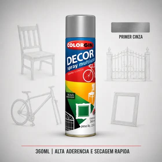 Primer Spray Colorgin 360ml Cinza Fundo Preparador Metal Madeira Aderência Pintura Multiuso