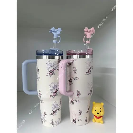 Novo Copo De Aço Inoxidável Com Alça Tampa Palha Rosa azul Arco 1200ml Copos Vácuo Isolado Caneca Presente Aniversário
