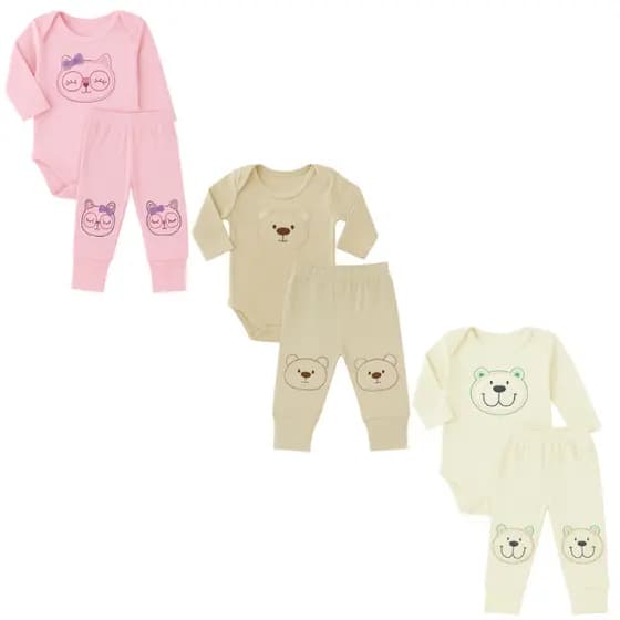 Kit 6 peças Body Estampado Manga longa Canelado + Calça Vira Pé