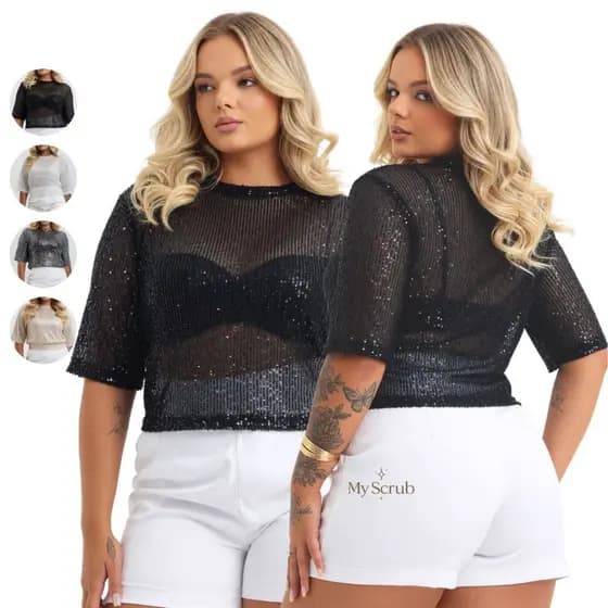 Cropped moda feminina elegante plus size festa balada gringa festival carnaval Paetê Brilho -EVA