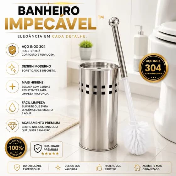 Kit Escova Sanitária Luxo com Suporte Banheiro Inox Resistente Durável Prático Limpeza com Detalhes