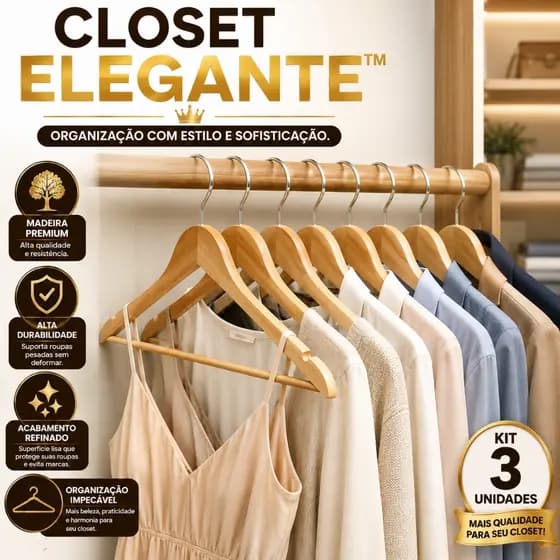 Kit 3 Cabides Madeira Antideslizante Reforçado Pendurar Roupas Armário Organização Premium Elegante