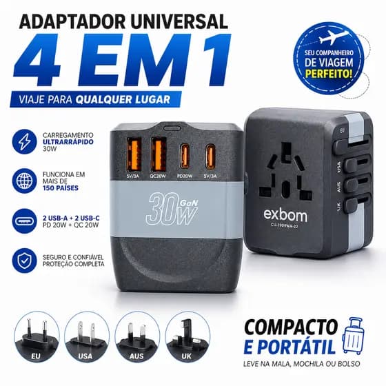 Adaptador Universal Com 2 Usb E 2 Usb-c Tomadas Globais 4 P Bivolt