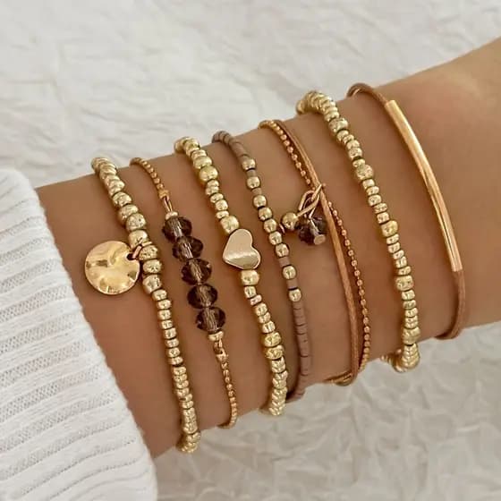 Conjunto Feminino Elegante De 7 Peças-De Pulseira Artesanal Em Camadas Elásticas De Plástico-Diversos Para Uso Diário E