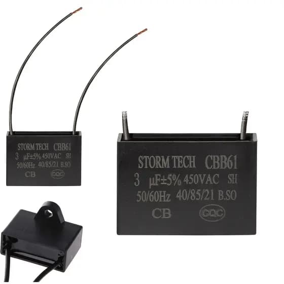 Capacitor 3uF 450V CBB61 Partida Ventilador 2 fios com Aba Polipropileno Quadrado 50/60Hz