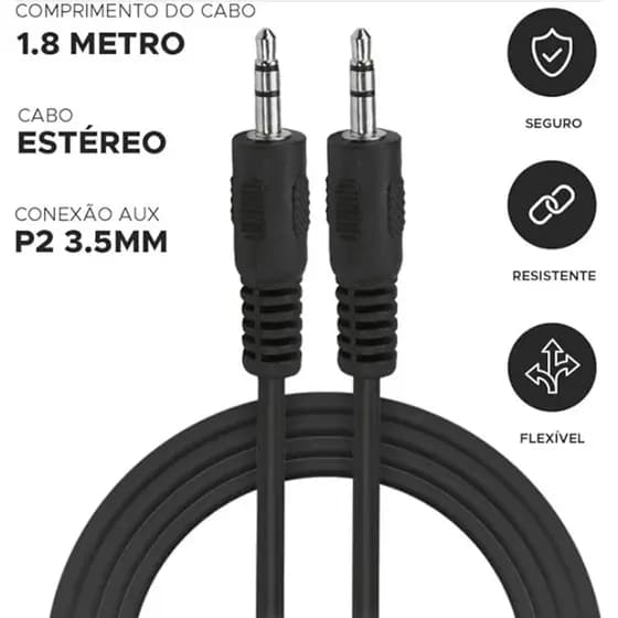 Cabo P2 x P2 1.8 metros Áudio Estéreo Auxiliar Macho 3.5mm Caixa de som Fone Ouvido Celular Notebook