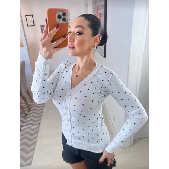 Blusa De Frio Feminino Cardigan Lã Tricô Com Bortão Estampado De Coração E Bolinha