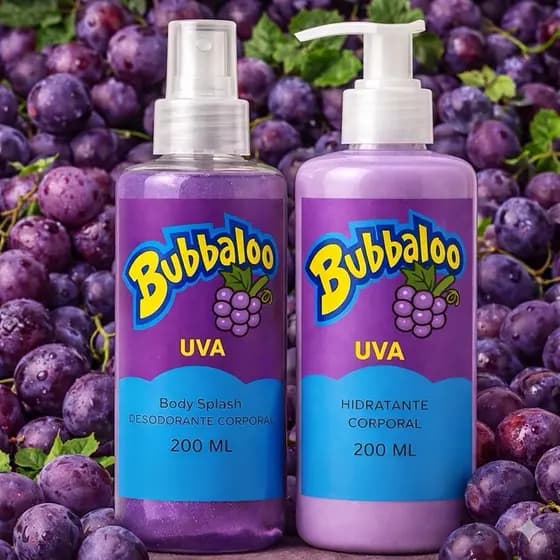 1 Kit Body Splash Bubbaloo Uva com gliter 200Ml + 1 Hidratante Corporal Bubbaloo Uva 200ML