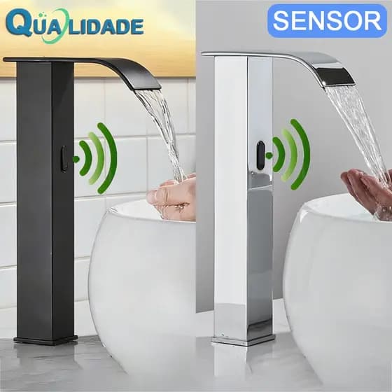 Sensor Torneira Banheiro Preto Torneira Cascata Automática Água Quente E Fria Torneira Lavabo Automática