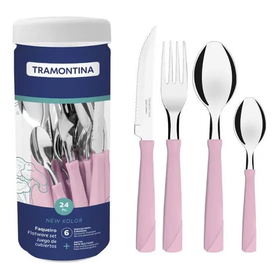 Jogo de Talheres Faqueiro Tramontina New Kolor Rosa 24 Peças Lâminas em Aço Inox