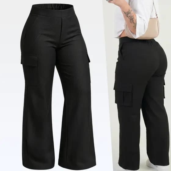 Calça Plus Size Pantalona Alfaiataria Wide Leg Feminina C/ Bolso Cargo Reforçada G1 G2 G3