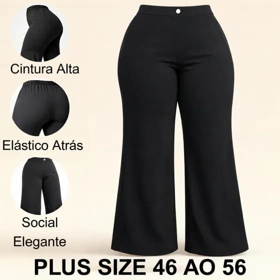 Calça Plus Size Alfaiataria Social Feminina Wid Leg Premium Cintura Alta Pantalona Elegante C/ Zíper 46 ao 56