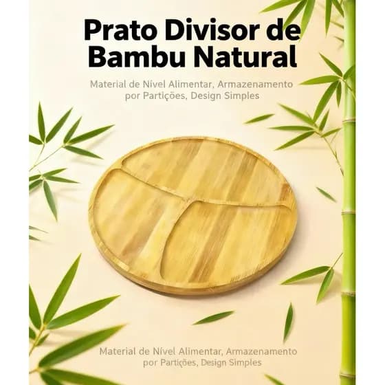 Petisqueira Redonda 3 Divisórias Bandeja de Bambu para Frios, Churrasco e Aperitivos