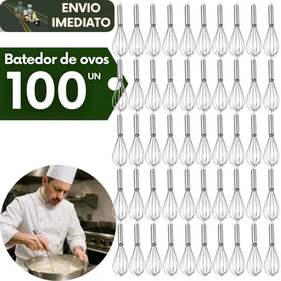 Kit 100 Fuet Batedor de Ovos Misturar Mixer Ovo Massas e Ingredientes para Cozinhas de Confeitarias