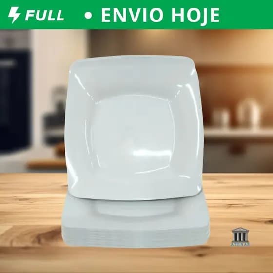 Kit Prato Raso com Borda Branco Refeição Churrasco Festa Pratos Plastico Quadrado Branco Preto