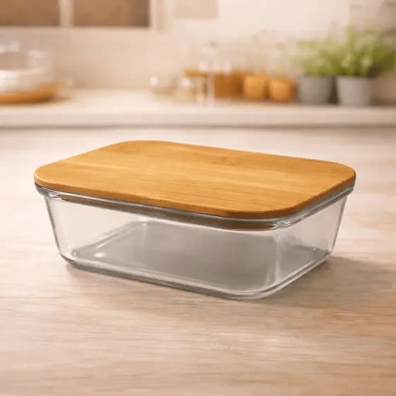 Marmita Vidro 1040ml Tampa de Bambu Hermética Vedação Segura Para Geladeira Freezer e Microondas