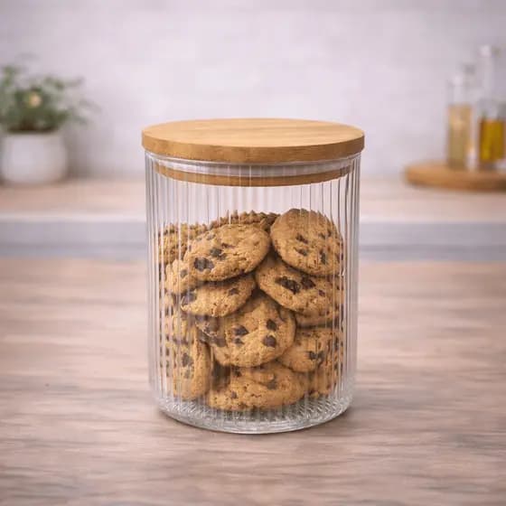 Pote Vidro Borossilicato 700ml Tampa Bambu Listrado Hermético Armazenamento Alimentos