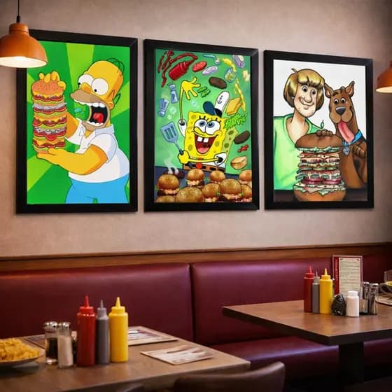 Kit Quadros Decorativos 3 Peças Para Decoração de Hamburgueria Bordas Pretas Lanchonete Com Personagens Desenho Animado