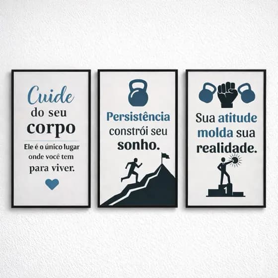 Kit 3 Quadros Decorativos Motivacionais Academia Frases Fitness MDF