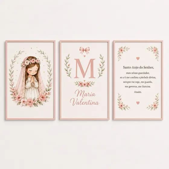 Kit 3 Quadros Decorativos Infantil Santo Anjo Floral Personalizado com Nome