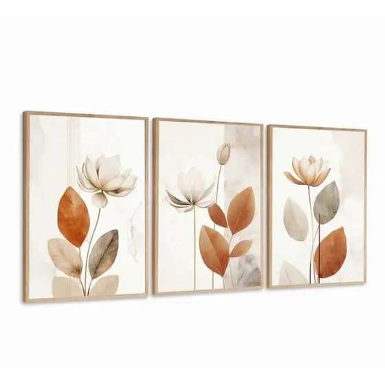 Quadro Decorativo Trio Floral Moderno SEM MOLDURA Kit 3 Peças MDF Decoração de Sala Tons Terrosos