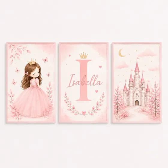 Kit 3 Quadros Decorativos Infantil Princesa Personalizado com Nome